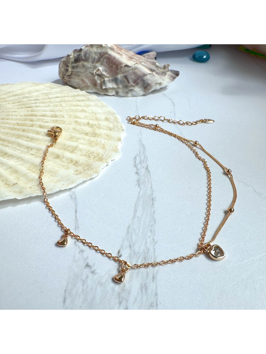 Браслет на ногу с двойной цепочкой и подвесками-сердечками (Xuping Jewelry)
