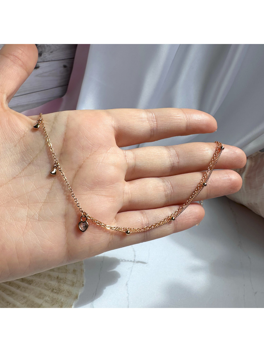 Браслет на ногу с двойной цепочкой и подвесками-сердечками (Xuping Jewelry)