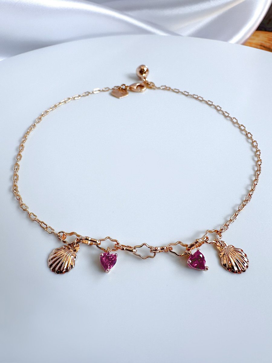 Браслет на ногу с ракушками и сердцами из розовых цирконов, Xuping Jewelry Браслет на ногу с ракушками и сердцами из розовых цирконов, Xuping Jewelry