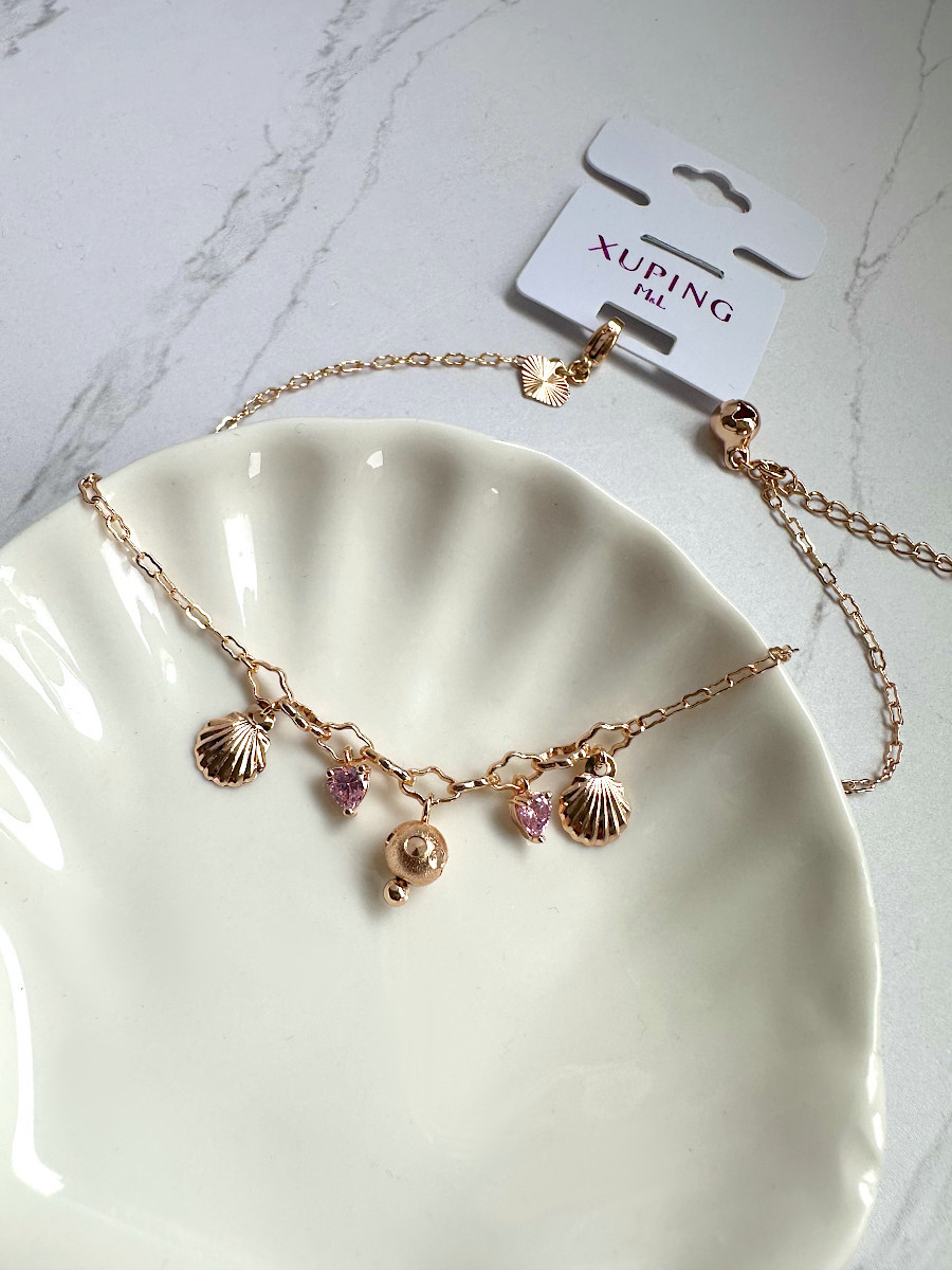 Браслет на ногу с ракушками и сердцами из светло-розовых цирконов, Xuping Jewelry Браслет на ногу с ракушками и сердцами из светло-розовых цирконов, Xuping Jewelry
