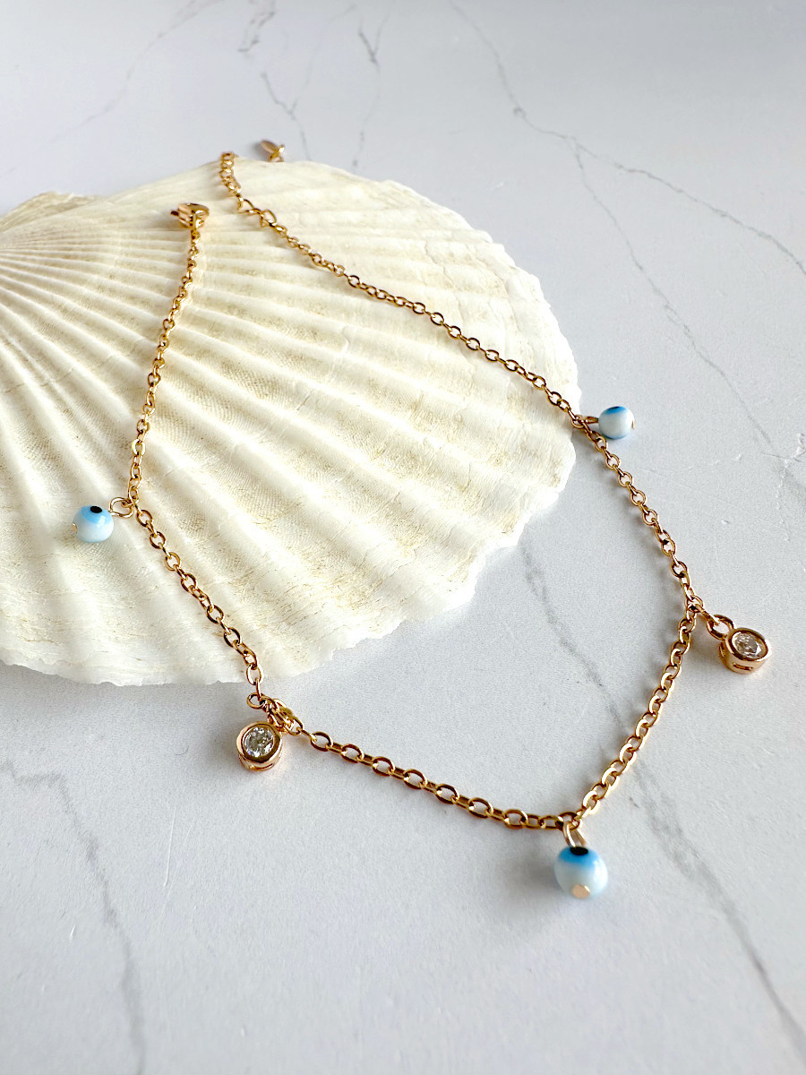 Браслет на ножку с бусинами-глазами от сглаза в золоте (Xuping Jewelry)
