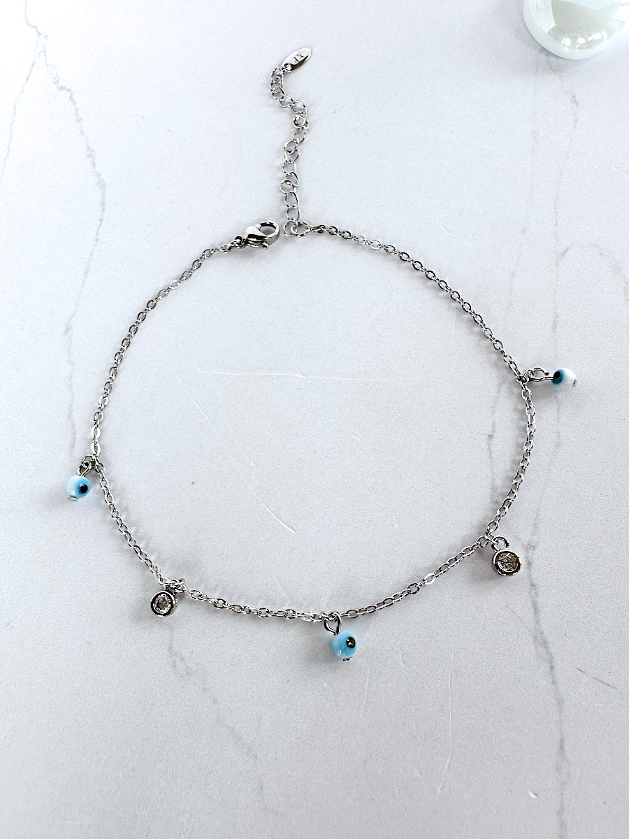 Браслет на ножку с бусинами-глазами от сглаза в серебре (Xuping Jewelry)