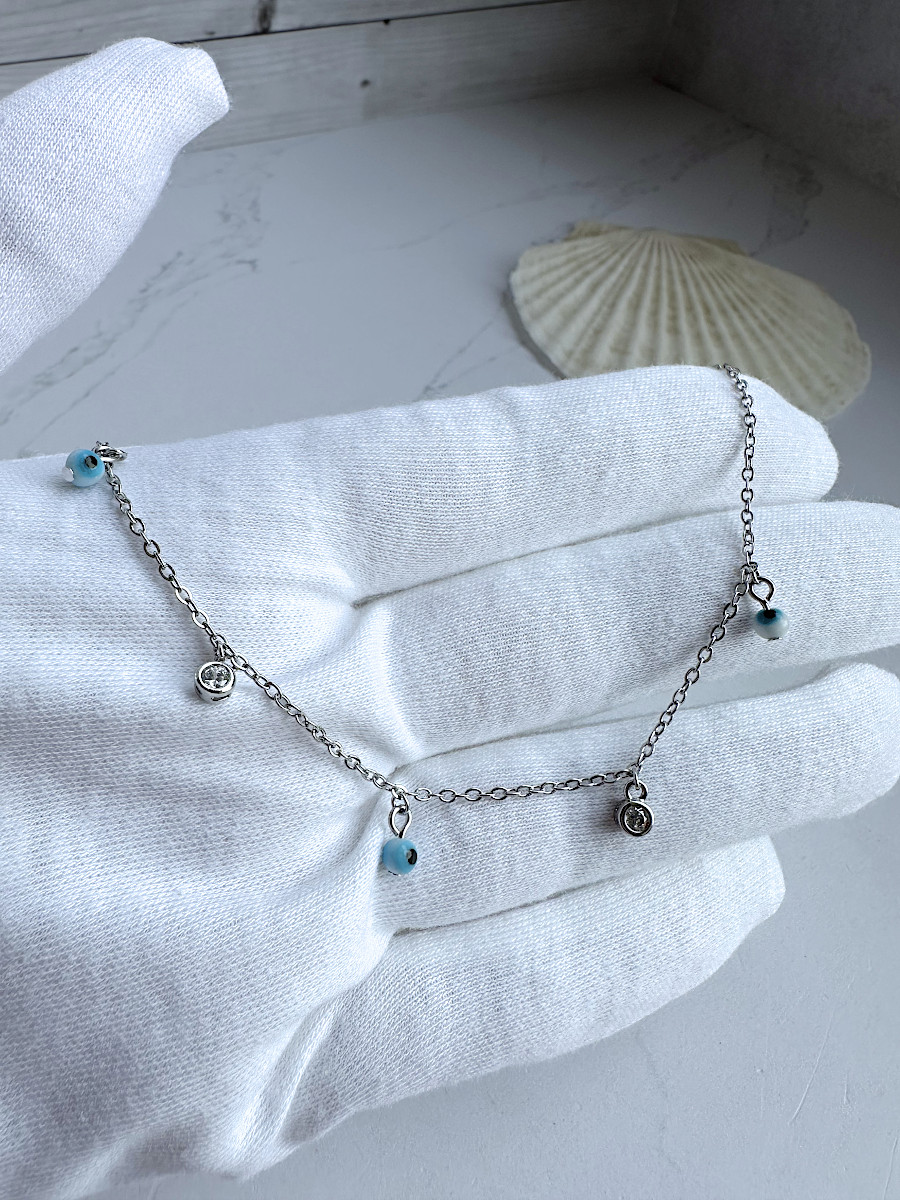 Браслет на ножку с бусинами-глазами от сглаза в серебре (Xuping Jewelry)