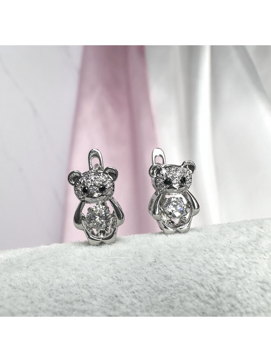 Детские серьги "Медвежата" в серебре с танцующим фианитом, Xuping Jewelry