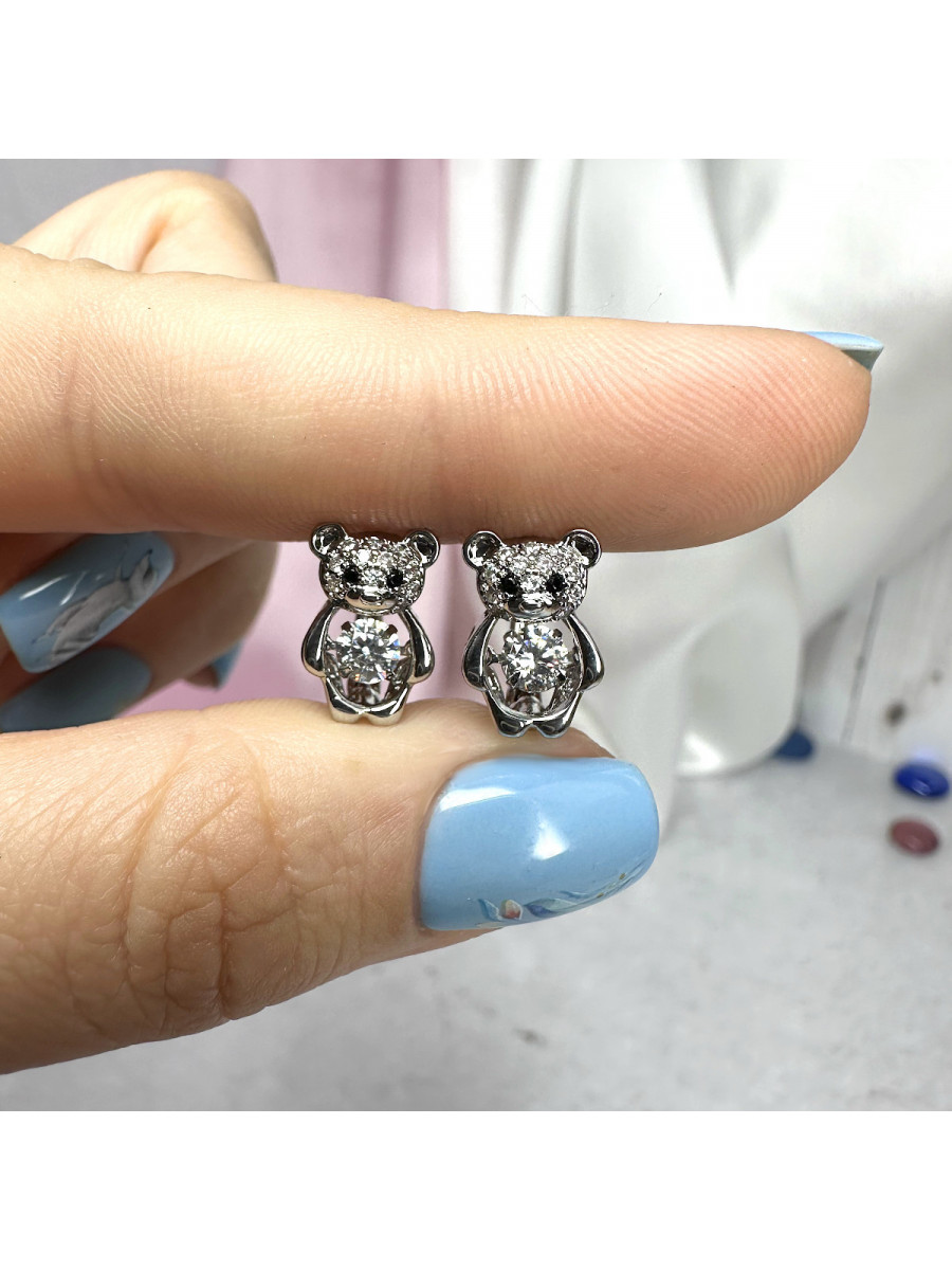 Детские серьги "Медвежата" в серебре с танцующим фианитом, Xuping Jewelry