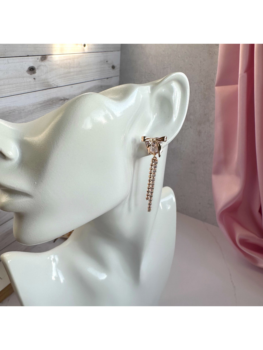 Серьги сердца с крупным фианитом, бантом и подвесками, Xuping Jewelry