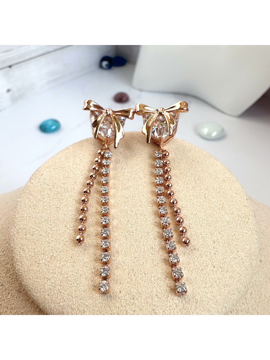 Серьги сердца с крупным фианитом, бантом и подвесками, Xuping Jewelry