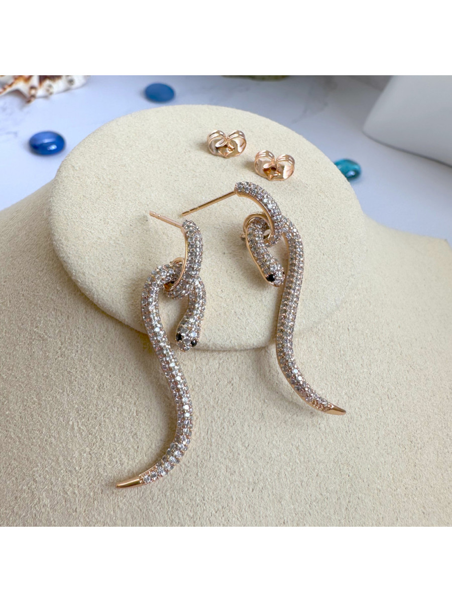 Серьги-подвески - золотистые змеи с цирконами, Xuping Jewelry Серьги-подвески - золотистые змеи с цирконами, Xuping Jewelry