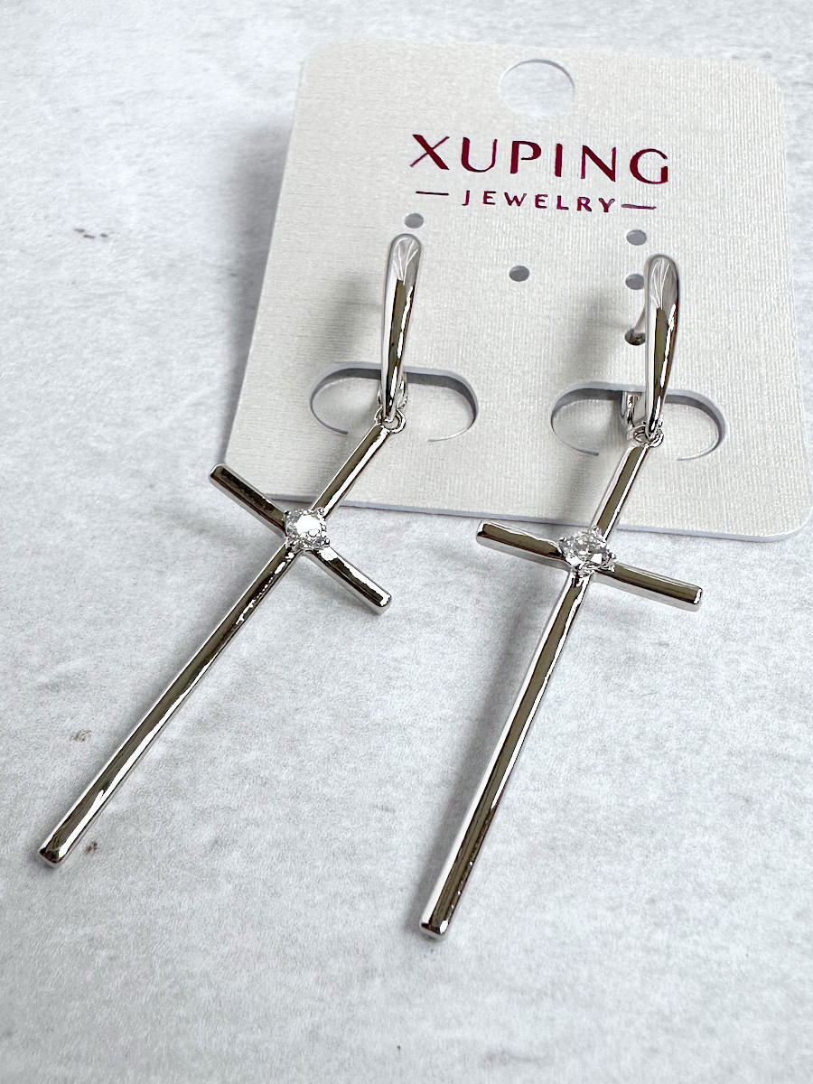 Серьги-подвески с тонкими крестами и цирконами в серебре, Xuping Jewelry Серьги-подвески с тонкими крестами и цирконами в серебре, Xuping Jewelry