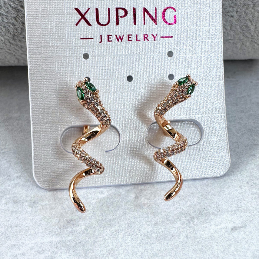 Серьги "Змея-спираль" с зелеными глазами-фианитами, Xuping Jewelry