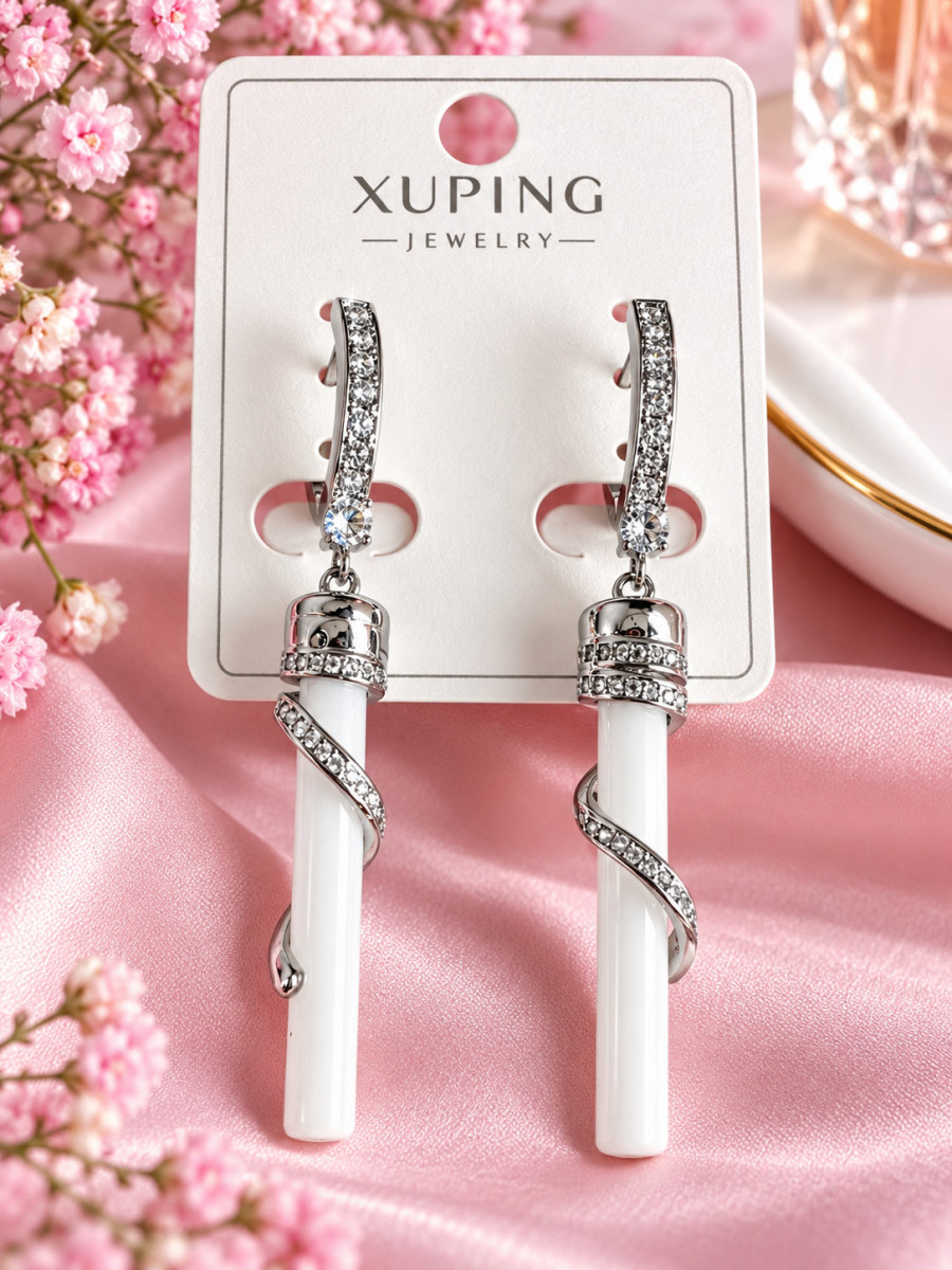 Серьги "Судьба" с белой цилиндрической подвеской из керамики, Xuping Jewelry