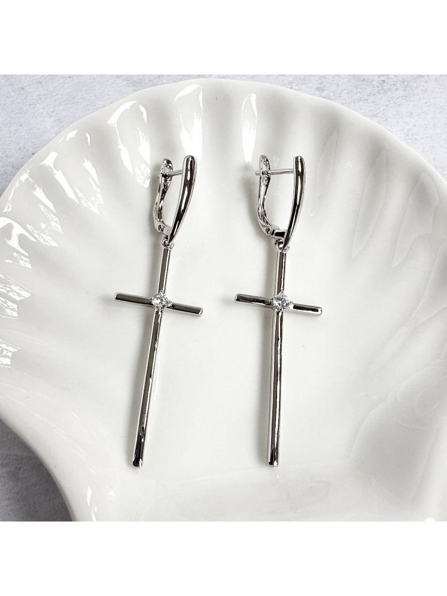 Серьги-подвески с тонкими крестами и цирконами в серебре, Xuping Jewelry Серьги-подвески с тонкими крестами и цирконами в серебре, Xuping Jewelry