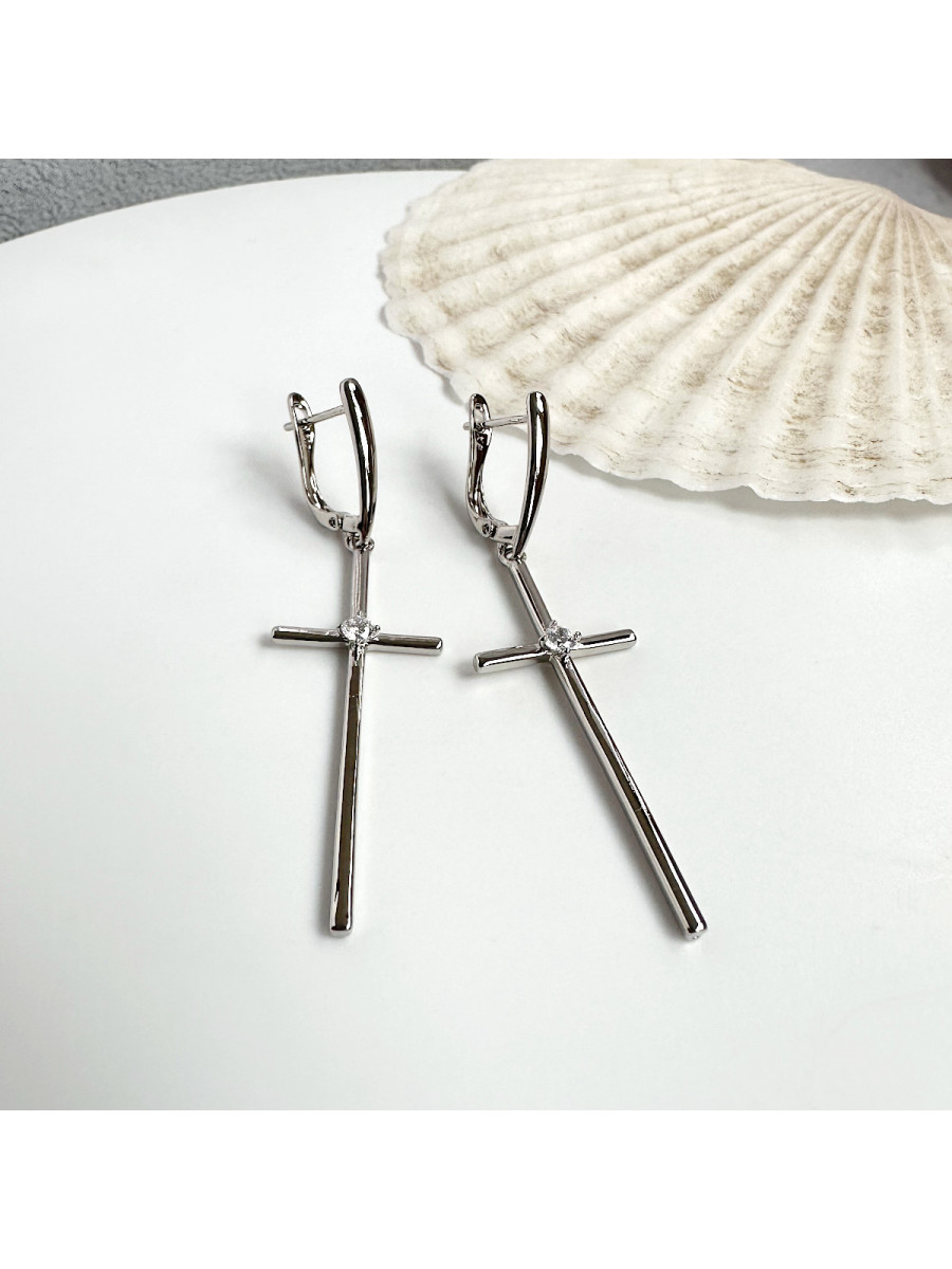 Серьги-подвески с тонкими крестами и цирконами в серебре, Xuping Jewelry Серьги-подвески с тонкими крестами и цирконами в серебре, Xuping Jewelry