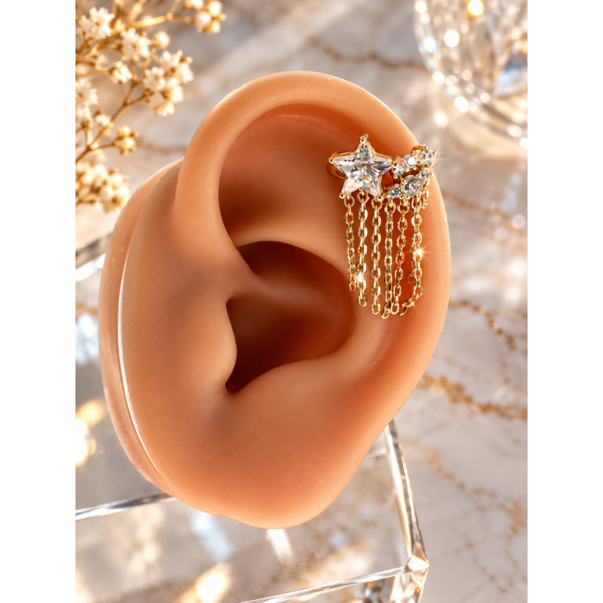 Серьга каффа "Звезда" с цирконами и подвесками цепочками, Xuping Jewelry
