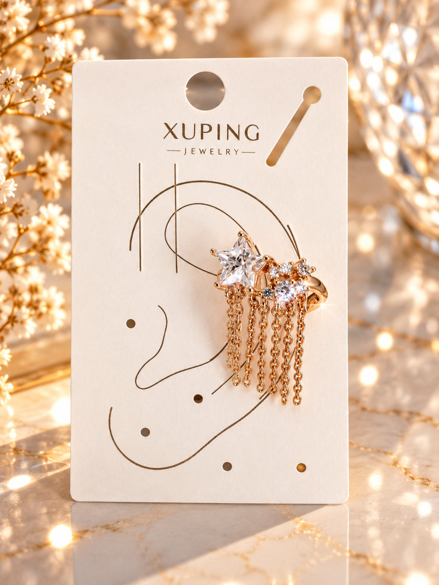 Серьга каффа "Звезда" с цирконами и подвесками цепочками, Xuping Jewelry Серьга каффа "Звезда" с цирконами и подвесками цепочками, Xuping Jewelry