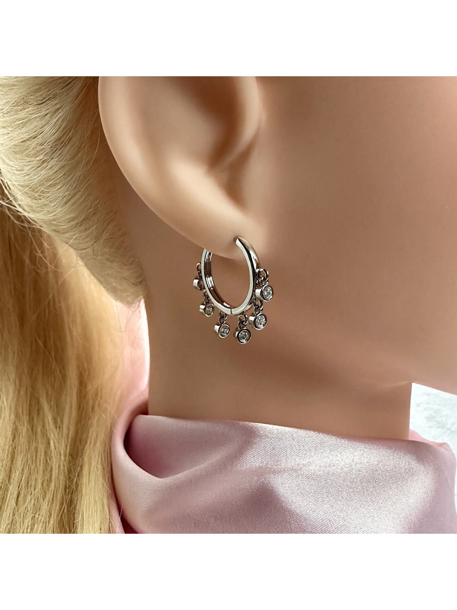 Серьги-кольца с круглыми подвесками-цирконами в серебре, Xuping Jewelry Серьги-кольца с круглыми подвесками-цирконами в серебре, Xuping Jewelry